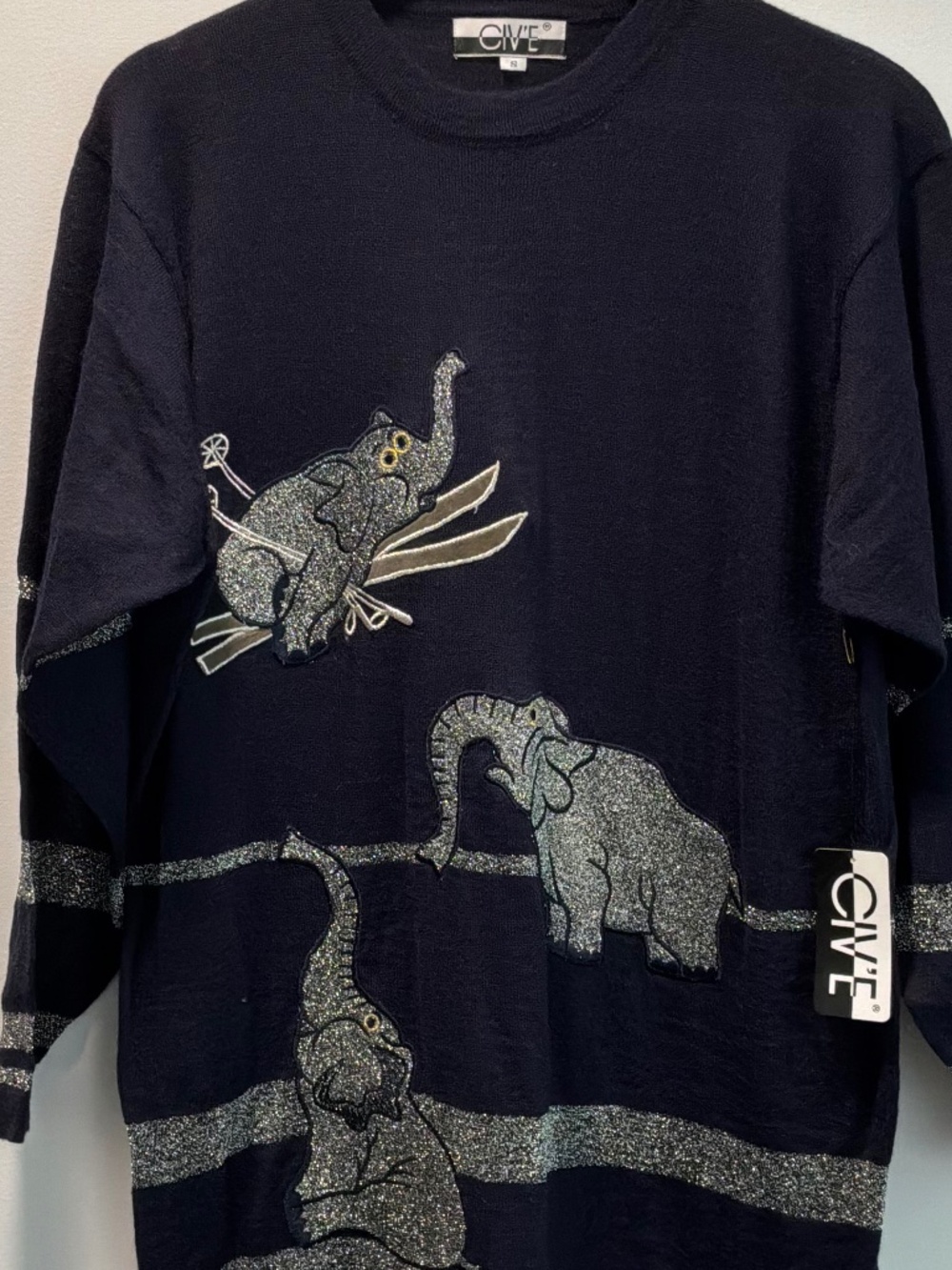 Give Navy Blue Elephant Tightrope Novelty Graphic Knit Sweater Size S